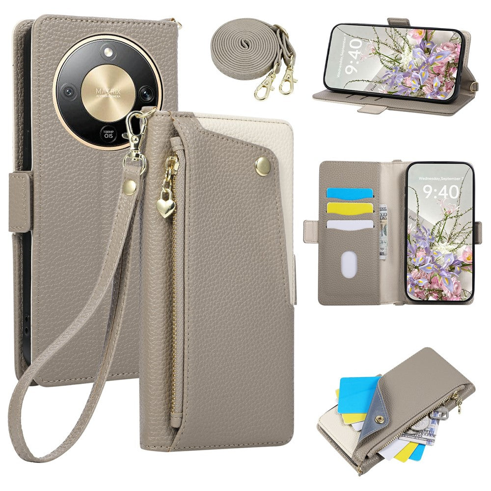 For Honor X70 5G  /  X9d 5G  /  Magic8 Lite 5G Case with Wrist Strap and Shoulder Strap Dual Color Zipper Pocket Wallet Leather Phone Cover