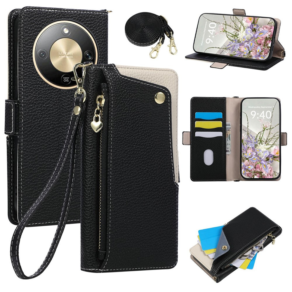 For Honor X70 5G  /  X9d 5G  /  Magic8 Lite 5G Case with Wrist Strap and Shoulder Strap Dual Color Zipper Pocket Wallet Leather Phone Cover