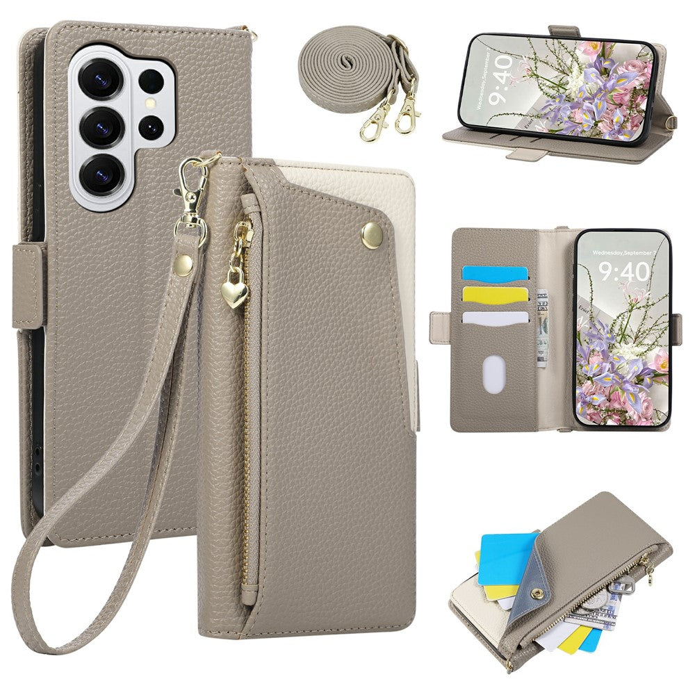 For Samsung Galaxy S25 Ultra Case with Wrist Strap and Shoulder Strap Dual Color Zipper Pocket Wallet Leather Phone Cover