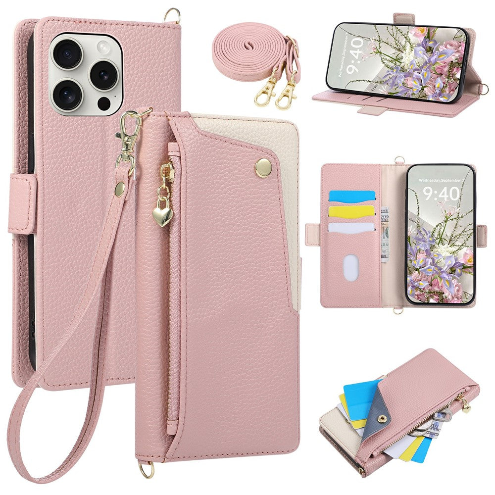 Til iPhone 15 Pro Cover med Håndledsrem og Skulderrem Dual Color Lynlåslomme Pung Læder Telefoncover