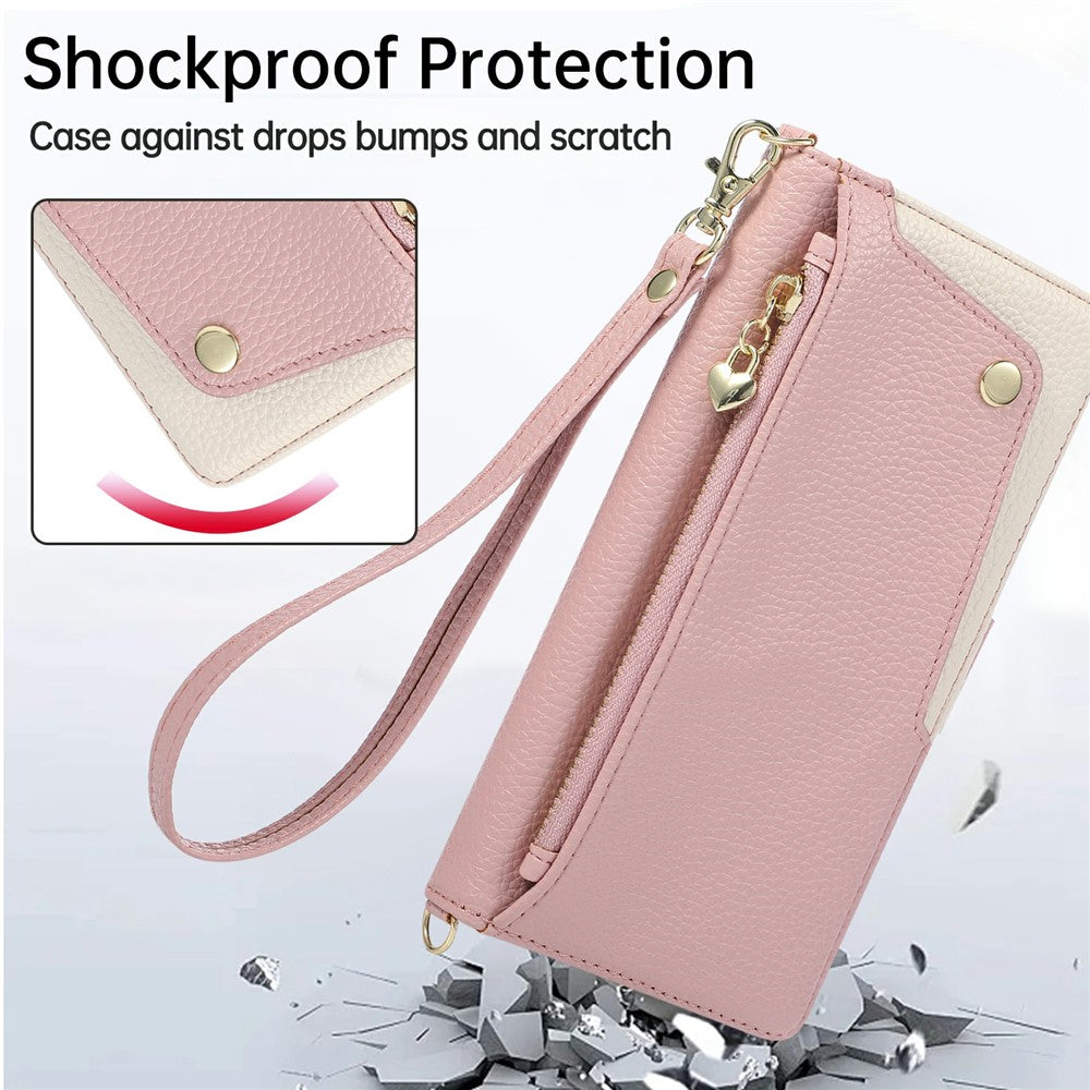 Til iPhone 15 Pro Cover med Håndledsrem og Skulderrem Dual Color Lynlåslomme Pung Læder Telefoncover