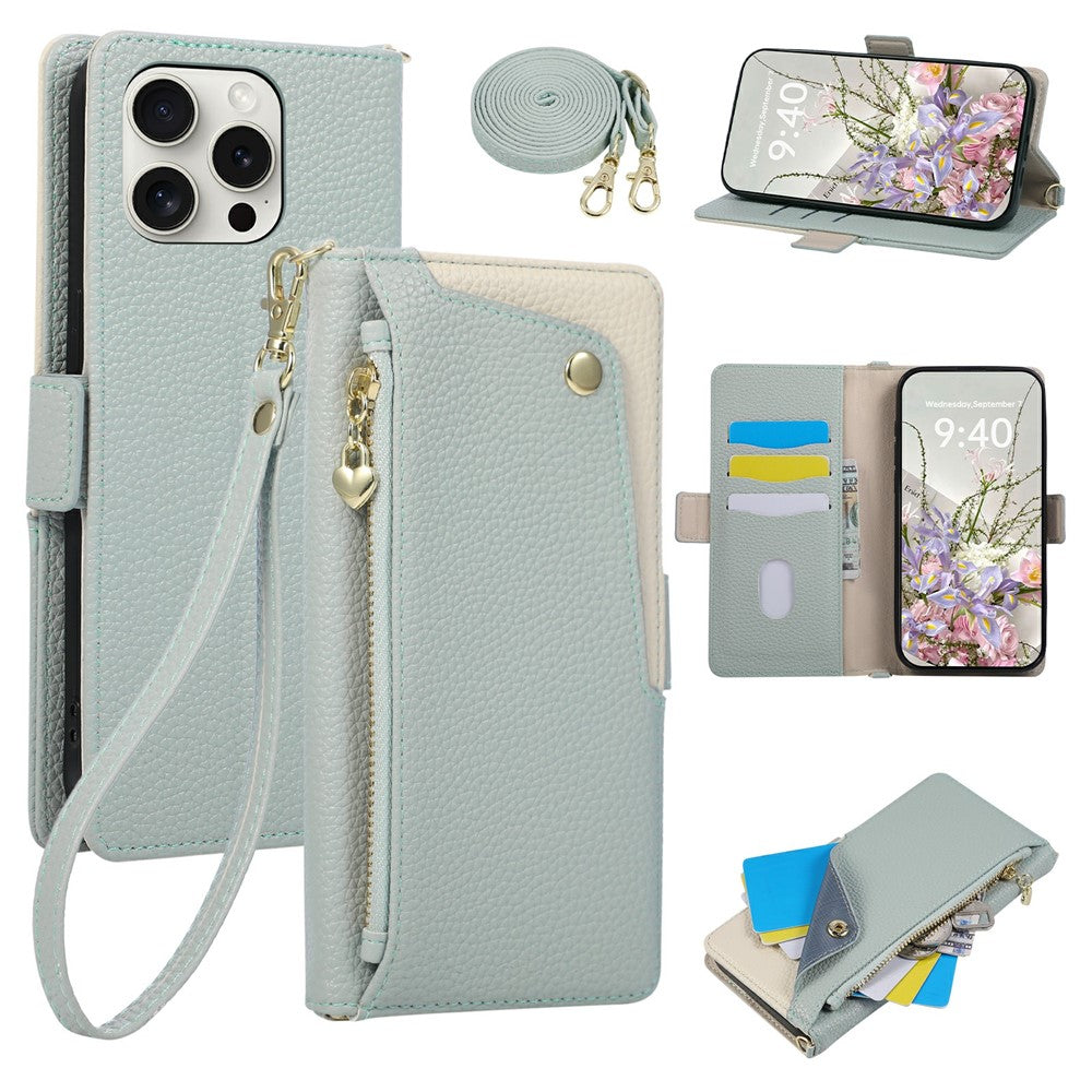 Til iPhone 15 Pro Cover med Håndledsrem og Skulderrem Dual Color Lynlåslomme Pung Læder Telefoncover