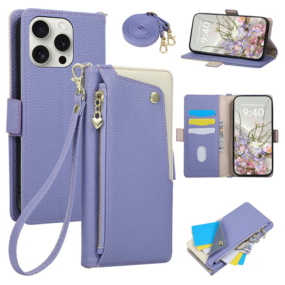 Til iPhone 15 Pro Cover med Håndledsrem og Skulderrem Dual Color Lynlåslomme Pung Læder Telefoncover