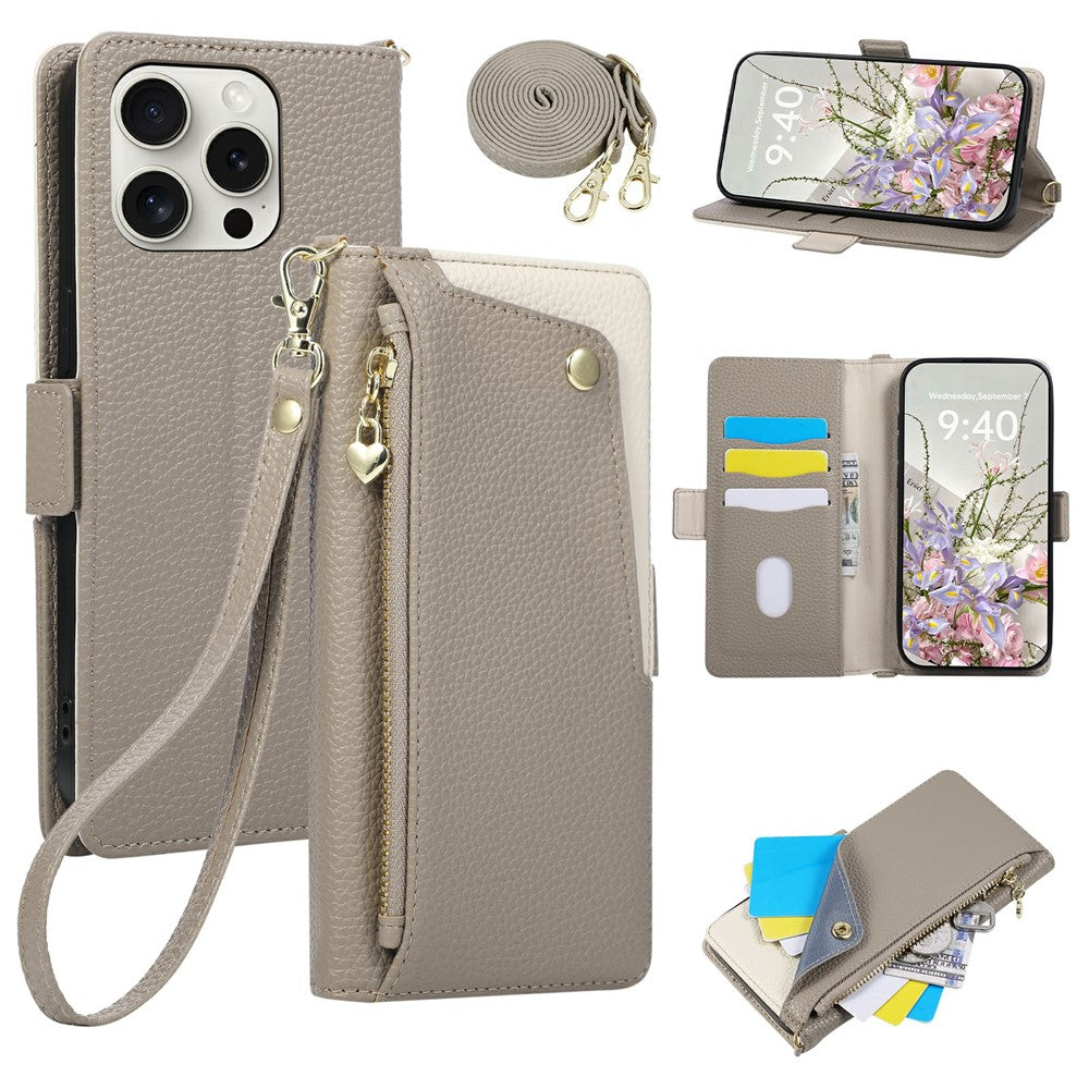Til iPhone 15 Pro Cover med Håndledsrem og Skulderrem Dual Color Lynlåslomme Pung Læder Telefoncover