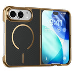 For iPhone Fold Magnetic Case Carbon Fiber Texture Leather + PC Electroplating Phone Cover with Tempered Glass Film