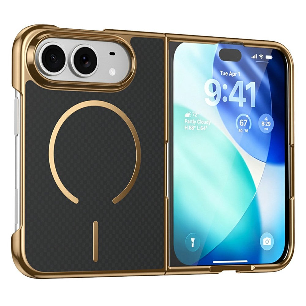 For iPhone Fold Magnetic Case Carbon Fiber Texture Leather + PC Electroplating Phone Cover with Tempered Glass Film