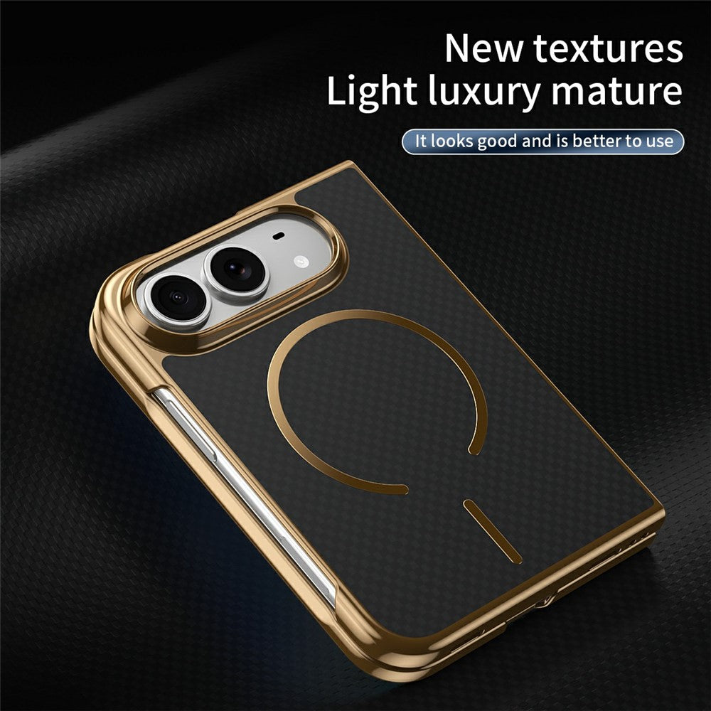 For iPhone Fold Magnetic Case Carbon Fiber Texture Leather + PC Electroplating Phone Cover with Tempered Glass Film