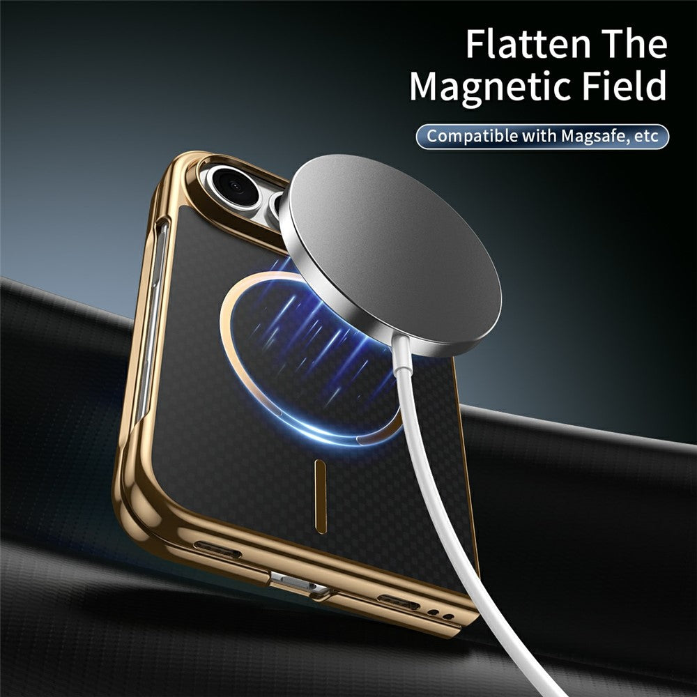 For iPhone Fold Magnetic Case Carbon Fiber Texture Leather + PC Electroplating Phone Cover with Tempered Glass Film