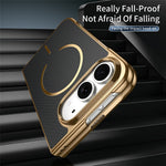For iPhone Fold Magnetic Case Carbon Fiber Texture Leather + PC Electroplating Phone Cover with Tempered Glass Film