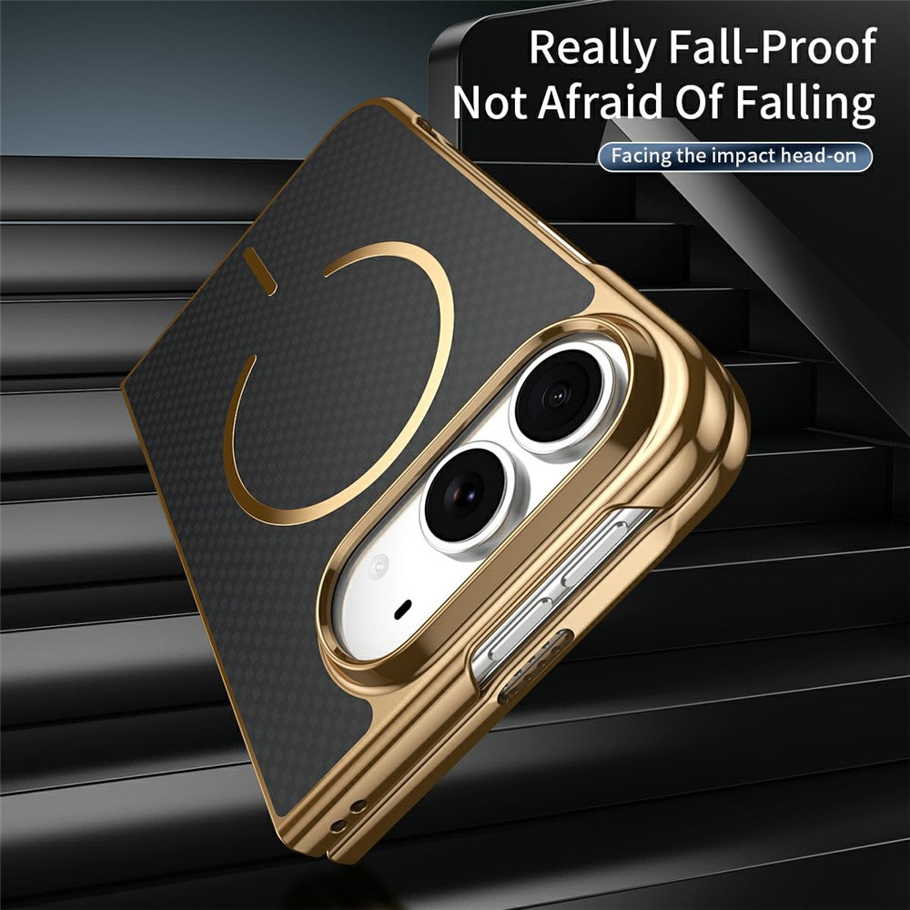 For iPhone Fold Magnetic Case Carbon Fiber Texture Leather + PC Electroplating Phone Cover with Tempered Glass Film