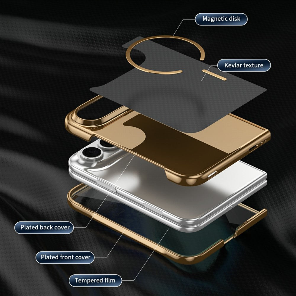 For iPhone Fold Magnetic Case Carbon Fiber Texture Leather + PC Electroplating Phone Cover with Tempered Glass Film