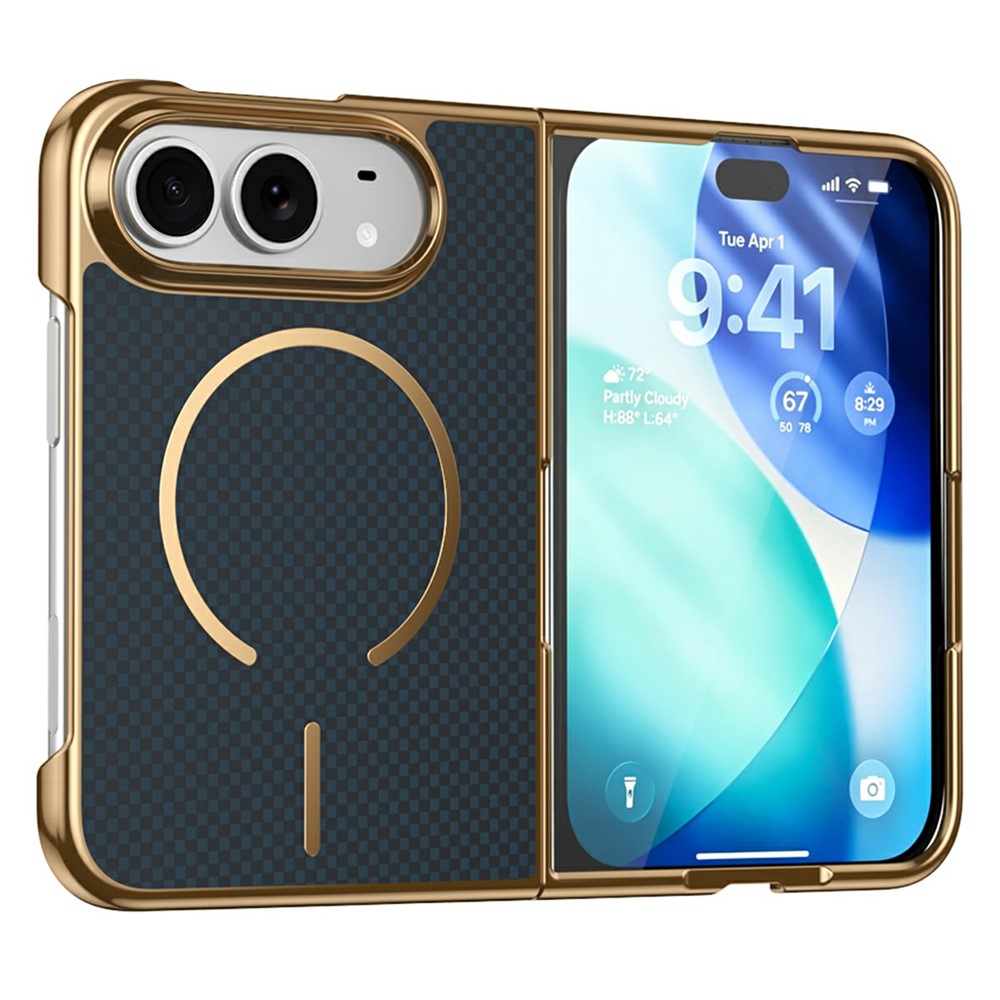 For iPhone Fold Magnetic Case Carbon Fiber Texture Leather + PC Electroplating Phone Cover with Tempered Glass Film