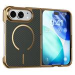 For iPhone Fold Magnetic Case Carbon Fiber Texture Leather + PC Electroplating Phone Cover with Tempered Glass Film