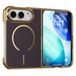 For iPhone Fold Magnetic Case Carbon Fiber Texture Leather + PC Electroplating Phone Cover with Tempered Glass Film