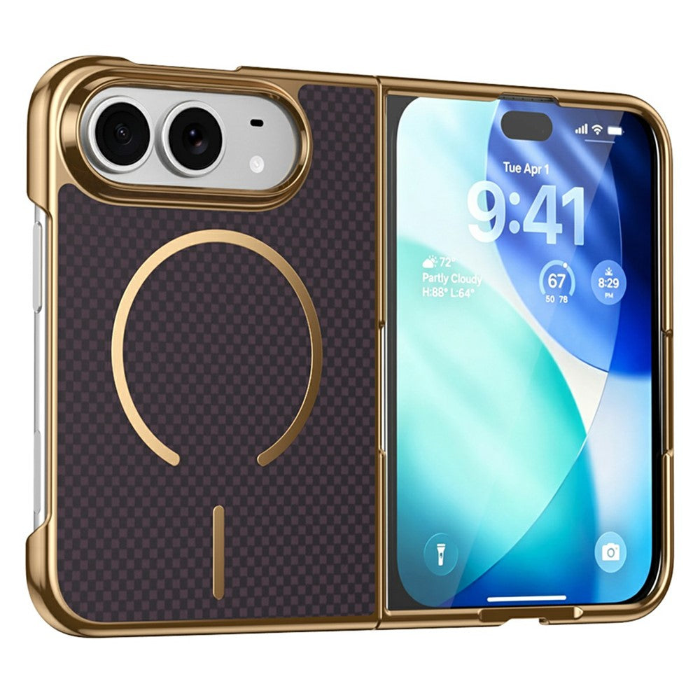 For iPhone Fold Magnetic Case Carbon Fiber Texture Leather + PC Electroplating Phone Cover with Tempered Glass Film