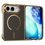 For iPhone Fold Magnetic Case Carbon Fiber Texture Leather + PC Electroplating Phone Cover with Tempered Glass Film
