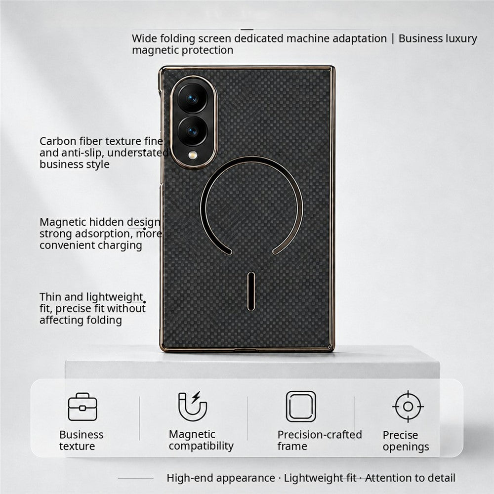 Magnetisk cover til Samsung Galaxy Z Fold8 i kulfiberstruktureret læder + galvaniseret pc-mobilcover med hærdet glasfilm