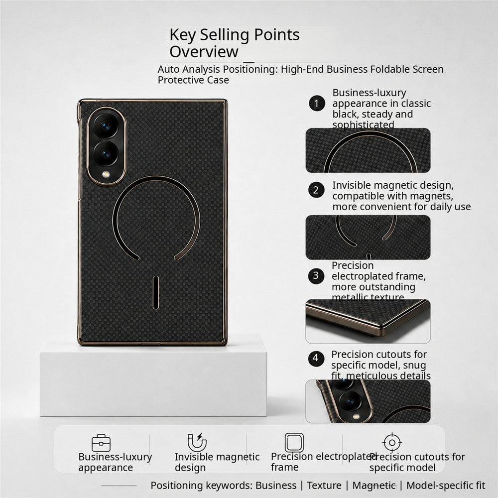Magnetisk cover til Samsung Galaxy Z Fold8 i kulfiberstruktureret læder + galvaniseret pc-mobilcover med hærdet glasfilm