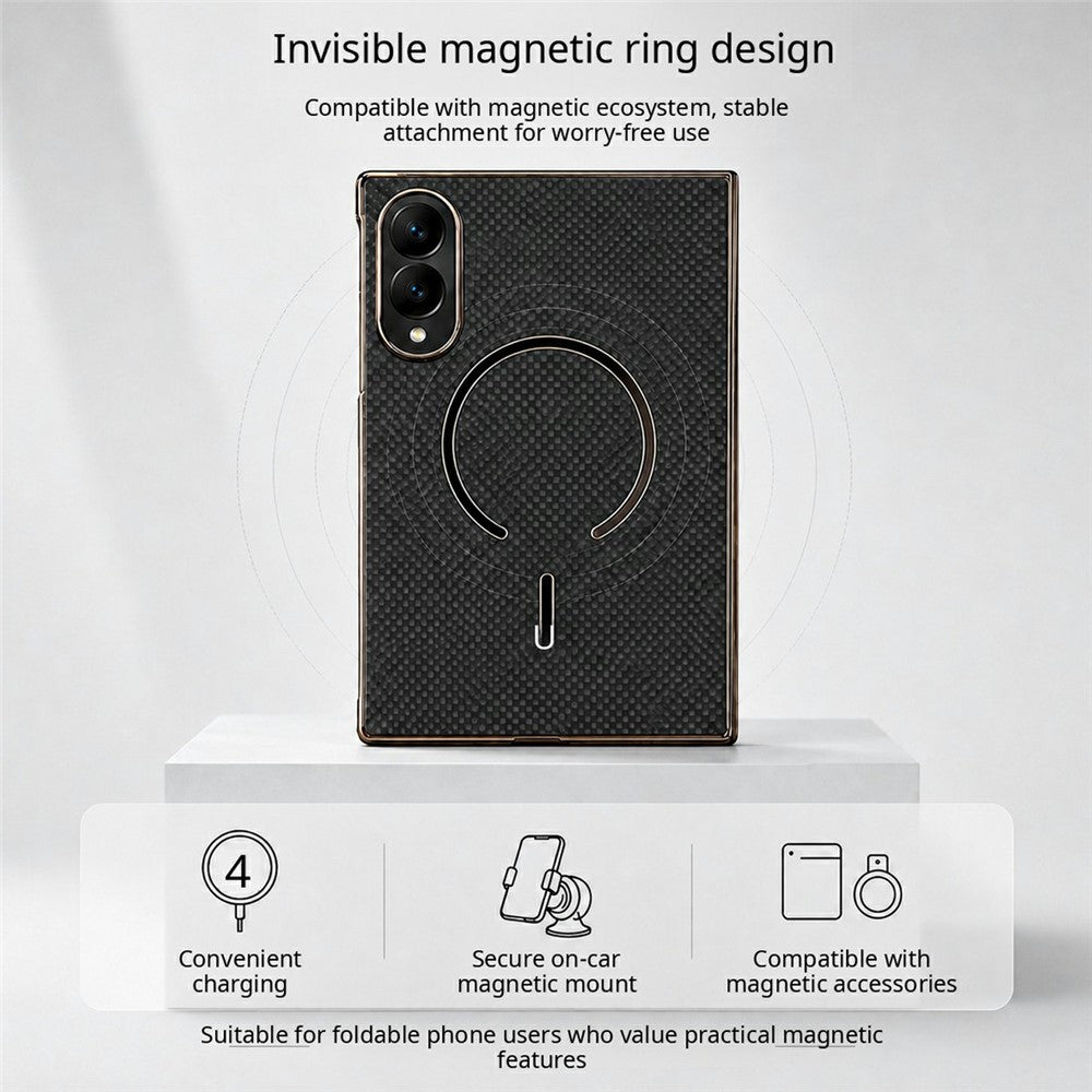 Magnetisk cover til Samsung Galaxy Z Fold8 i kulfiberstruktureret læder + galvaniseret pc-mobilcover med hærdet glasfilm