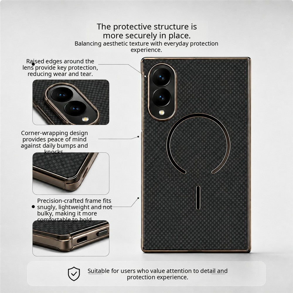 Magnetisk cover til Samsung Galaxy Z Fold8 i kulfiberstruktureret læder + galvaniseret pc-mobilcover med hærdet glasfilm