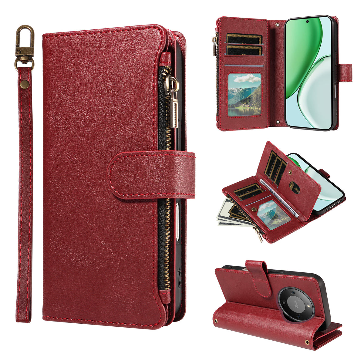 For Honor X9d 5G / Honor Magic8 Lite 5G / Honor X70 5G Leather Case 9 Card Slots Zipper Pocket Phone Cover with Wrist Strap