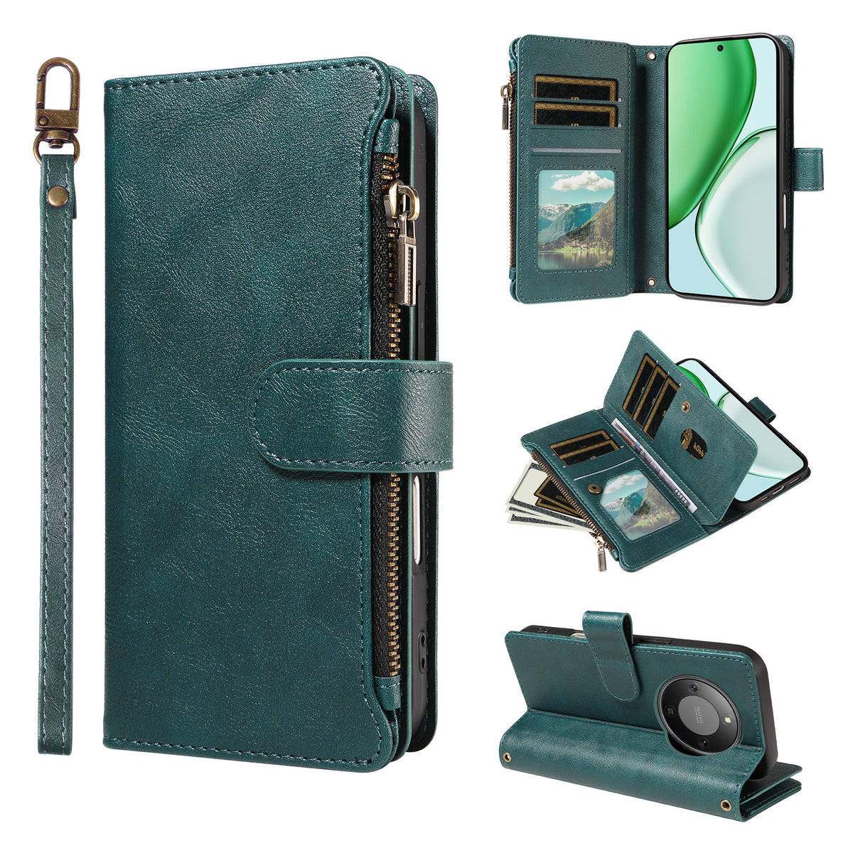 For Honor X9d 5G / Honor Magic8 Lite 5G / Honor X70 5G Leather Case 9 Card Slots Zipper Pocket Phone Cover with Wrist Strap