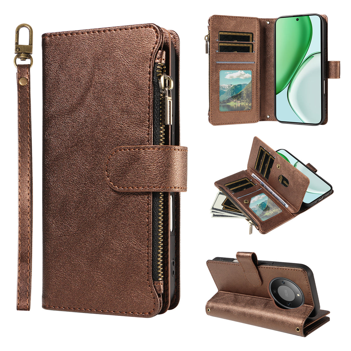 For Honor X9d 5G / Honor Magic8 Lite 5G / Honor X70 5G Leather Case 9 Card Slots Zipper Pocket Phone Cover with Wrist Strap