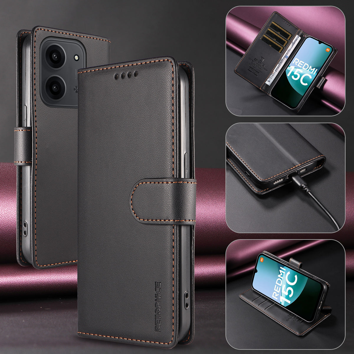 BETOPNICE for Xiaomi Poco C85 4G (171mm) / Xiaomi Redmi 15R 5G / Xiaomi Redmi 15C 4G (Global) (171mm) 006 Case RFID Blocking Wallet Stand Leather Phone Cover with Wrist Strap