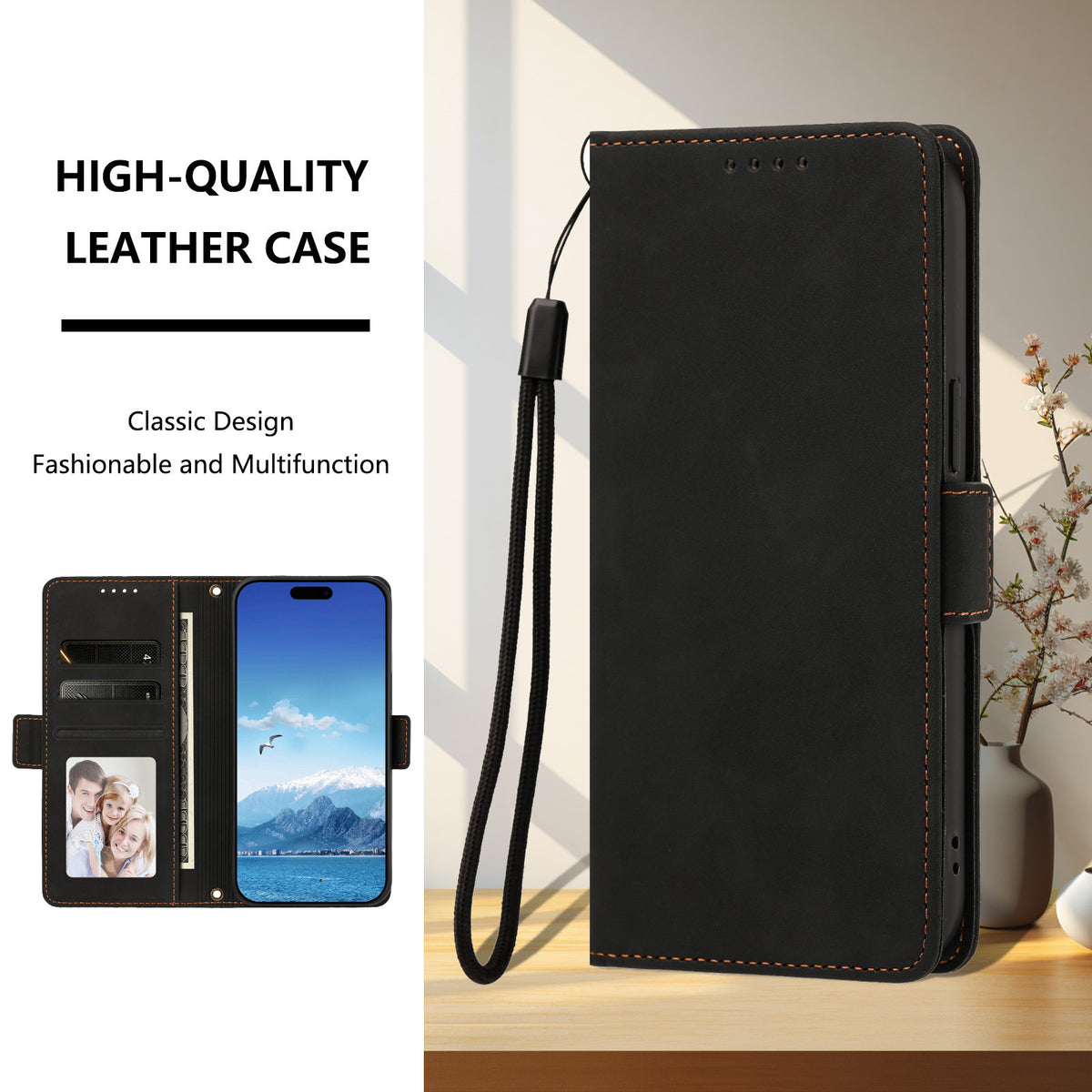 Til iPhone 17 Etui Hudvenligt PU-læder Flip Wallet Telefoncover med Håndrem