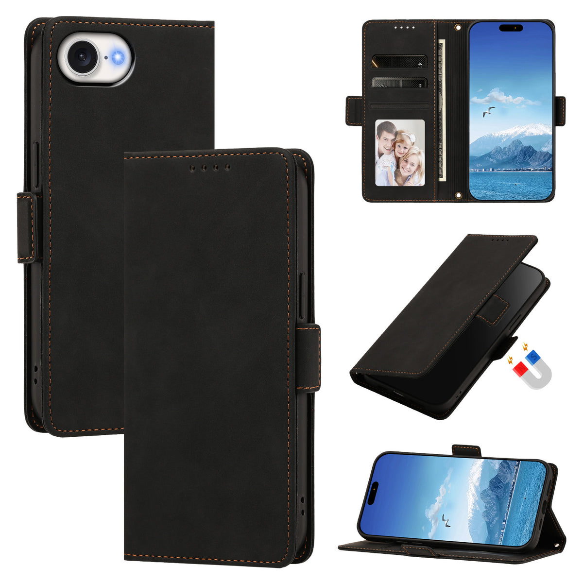 For iPhone 16e / iPhone 17e Case Skin-touch PU Leather Flip Wallet Phone Cover with Wrist Strap