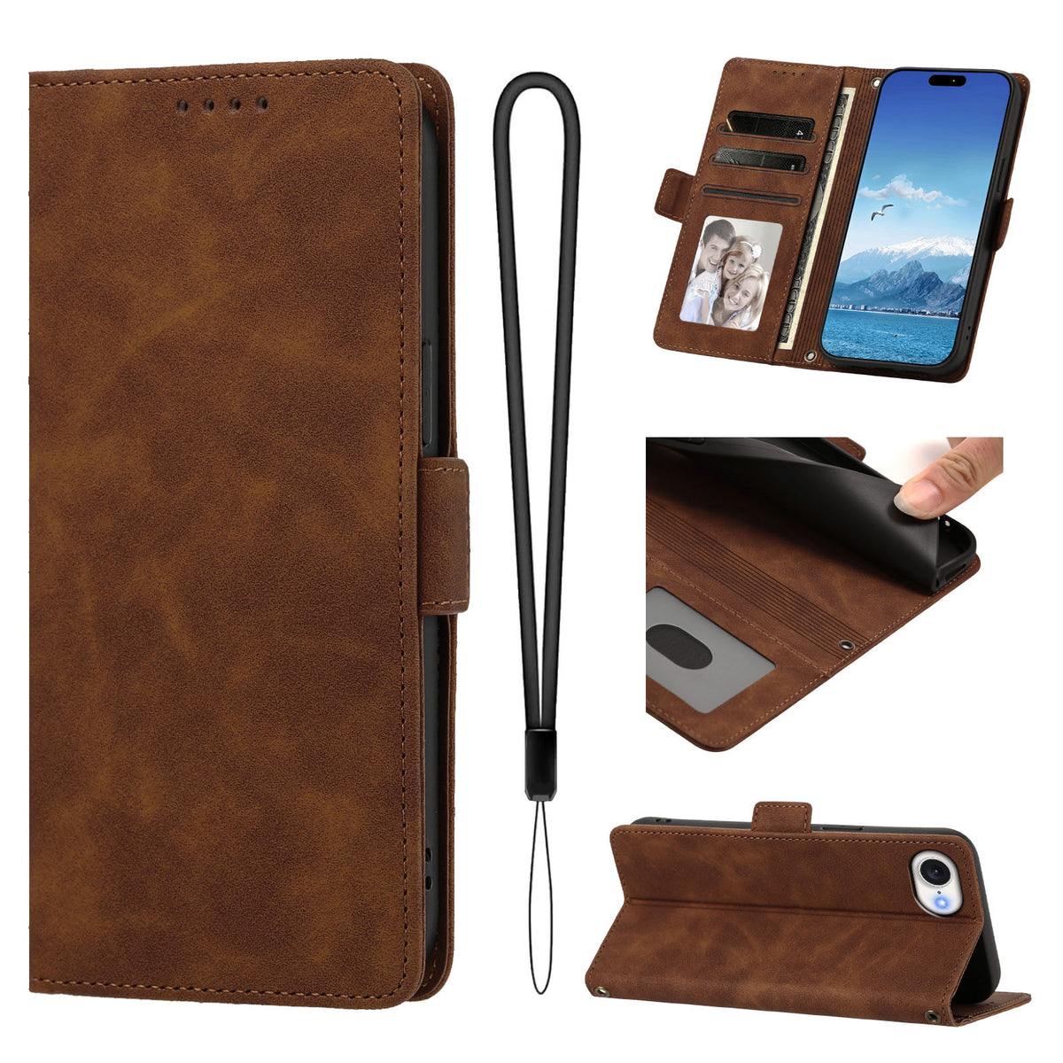 For iPhone 16e / iPhone 17e Case Skin-touch PU Leather Flip Wallet Phone Cover with Wrist Strap