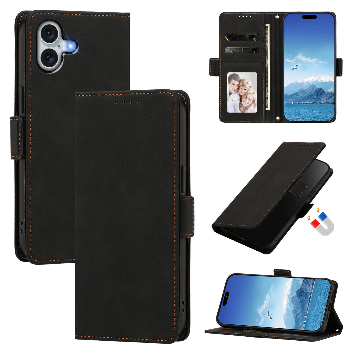 For iPhone 16 Plus Case Skin-touch PU Leather Flip Wallet Phone Cover with Wrist Strap