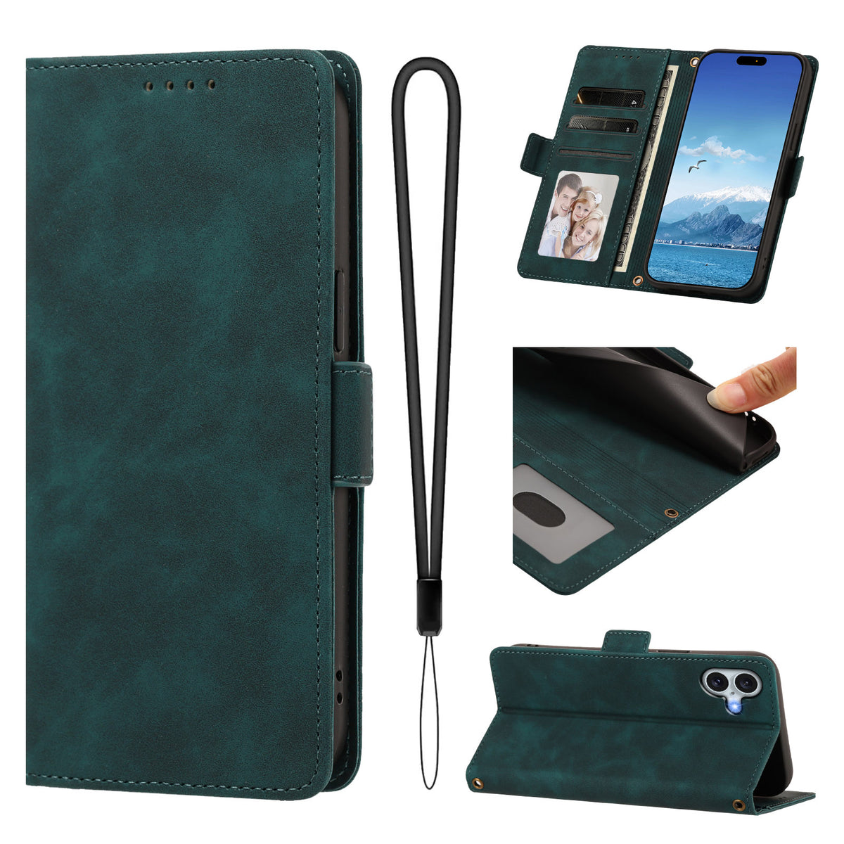 For iPhone 16 Plus Case Skin-touch PU Leather Flip Wallet Phone Cover with Wrist Strap