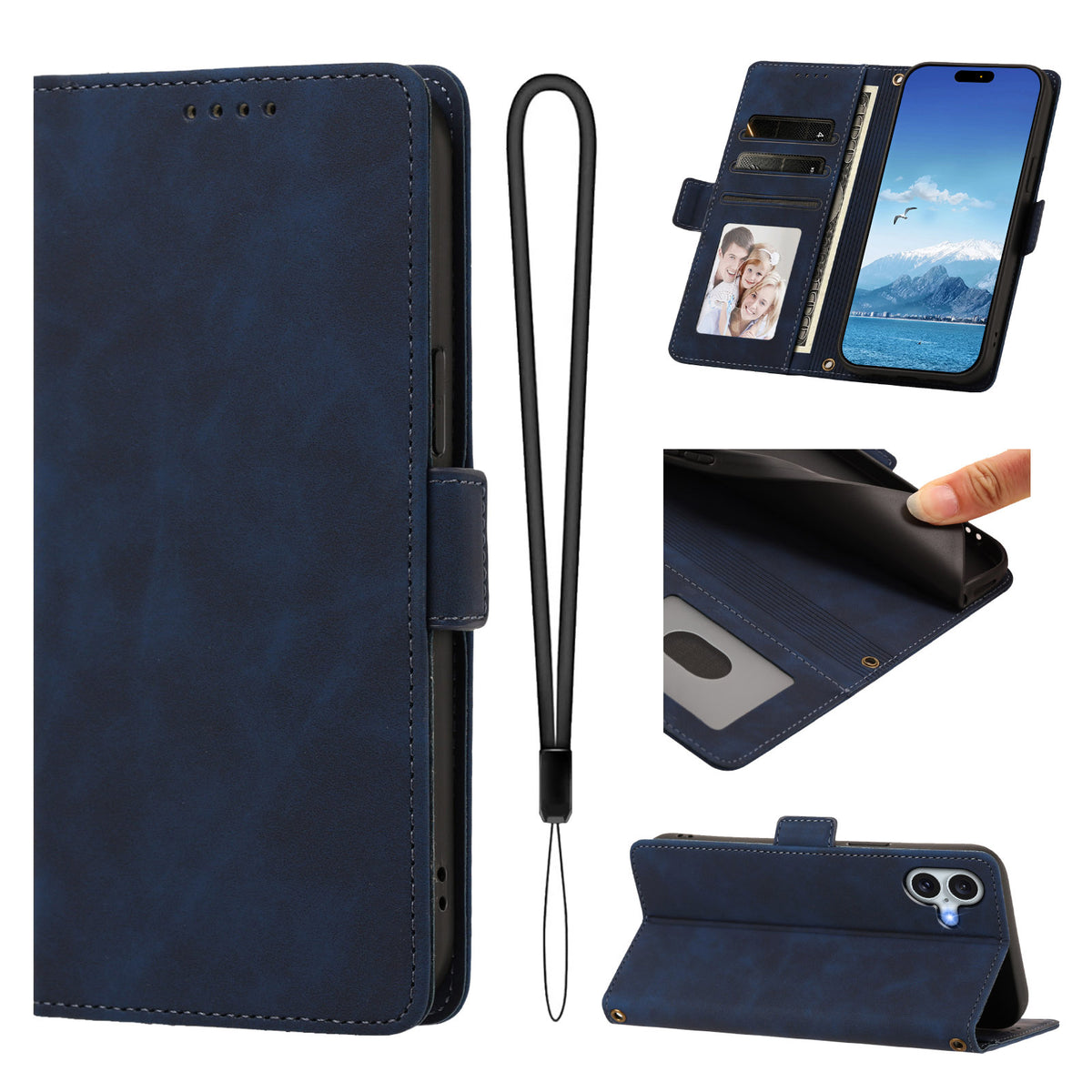 For iPhone 16 Plus Case Skin-touch PU Leather Flip Wallet Phone Cover with Wrist Strap