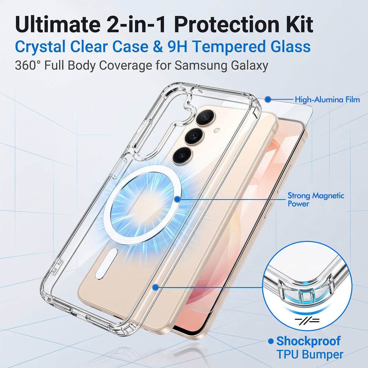 For Samsung Galaxy S26 FE Magnetic Case TPU+PC Transparent Phone Cover with High Aluminium-silicon Glass Screen Protector
