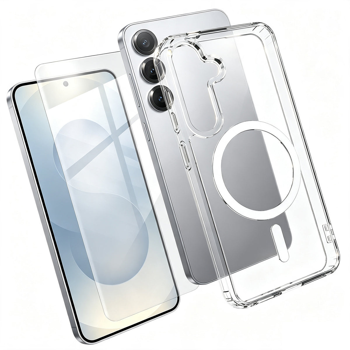 For Samsung Galaxy S25+ Magnetic Case TPU+PC Transparent Phone Cover with High Aluminium-silicon Glass Screen Protector