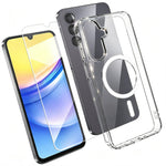 Til Samsung Galaxy A15 5G Magnetisk Etui TPU+PC Gennemsigtigt Telefoncover med Skærmbeskytter i Højt Aluminium-silicium Glas