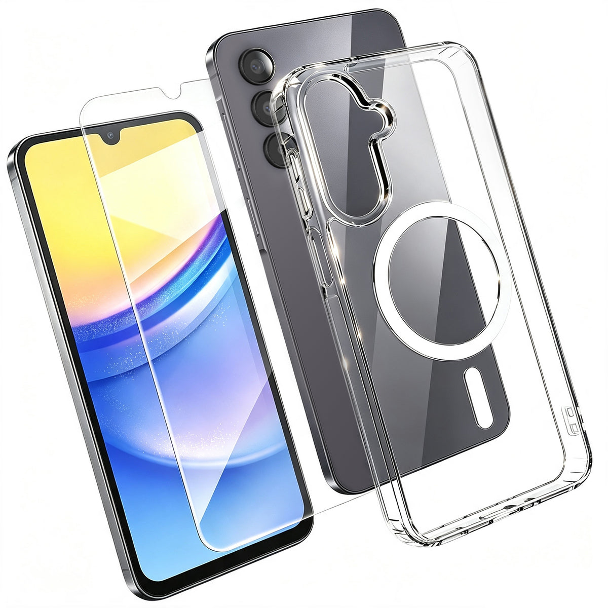 Til Samsung Galaxy A15 5G Magnetisk Etui TPU+PC Gennemsigtigt Telefoncover med Skærmbeskytter i Højt Aluminium-silicium Glas