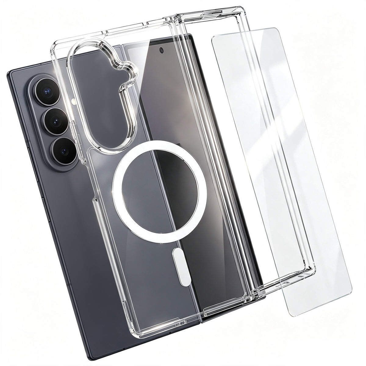 For Samsung Galaxy Z Fold7 5G Magnetic Case TPU+PC Transparent Phone Cover with High Aluminium-silicon Glass Screen Protector