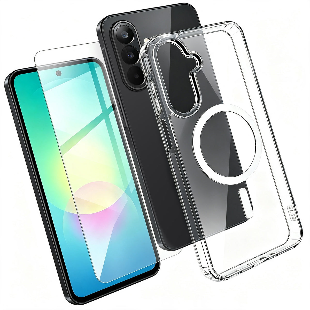 Til Samsung Galaxy A27 5G magnetisk cover TPU+PC gennemsigtigt telefoncover med skærmbeskytter i aluminium-siliciumglas