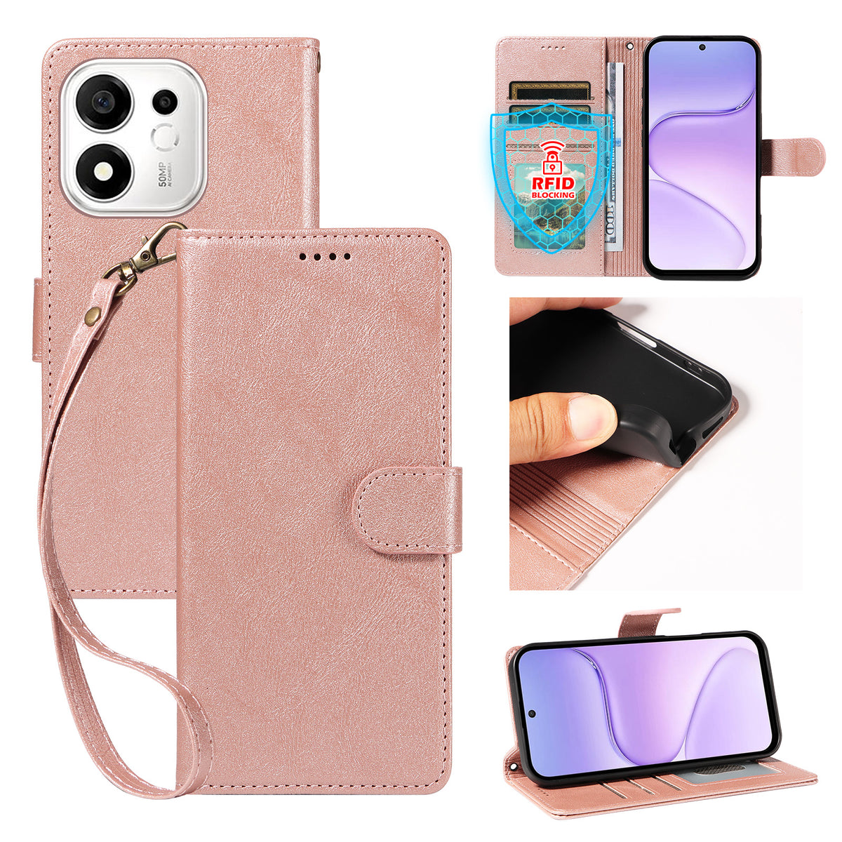 For Honor 600 Smart 5G / X7e Plus 5G Case with Wrist Strap RFID Blocking Wallet Cowhide Texture Leather Phone Cover