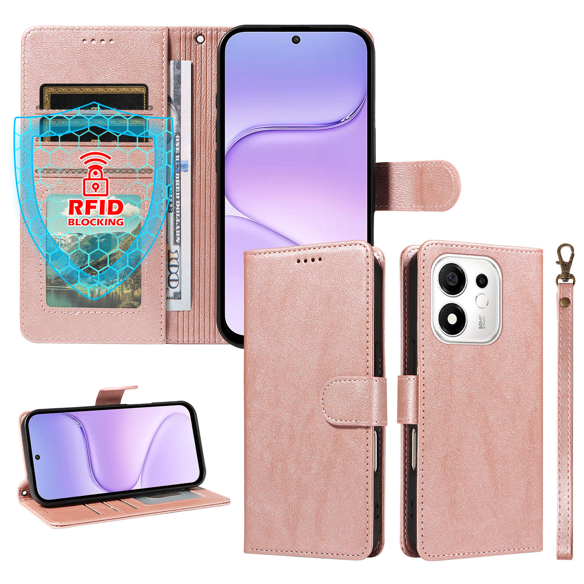 For Honor 600 Smart 5G / X7e Plus 5G Case with Wrist Strap RFID Blocking Wallet Cowhide Texture Leather Phone Cover