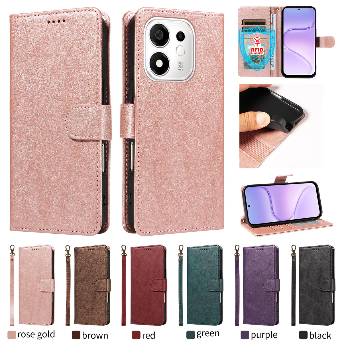 For Honor 600 Smart 5G / X7e Plus 5G Case with Wrist Strap RFID Blocking Wallet Cowhide Texture Leather Phone Cover