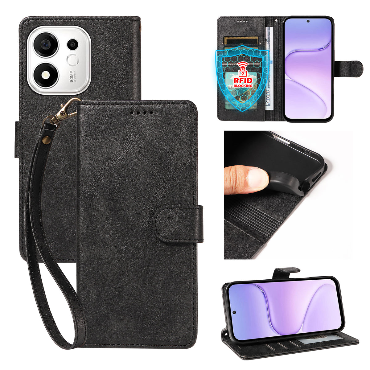 For Honor 600 Smart 5G / X7e Plus 5G Case with Wrist Strap RFID Blocking Wallet Cowhide Texture Leather Phone Cover