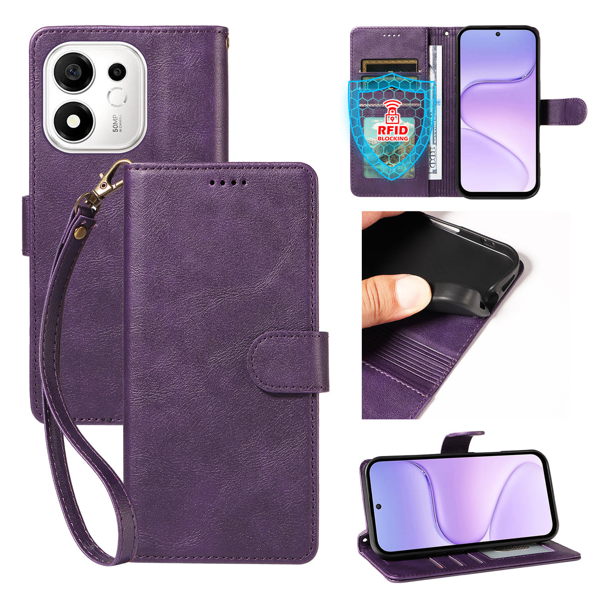 For Honor 600 Smart 5G / X7e Plus 5G Case with Wrist Strap RFID Blocking Wallet Cowhide Texture Leather Phone Cover