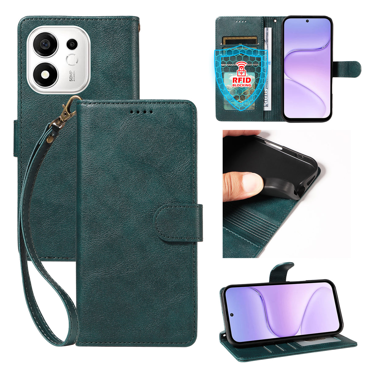 For Honor 600 Smart 5G / X7e Plus 5G Case with Wrist Strap RFID Blocking Wallet Cowhide Texture Leather Phone Cover