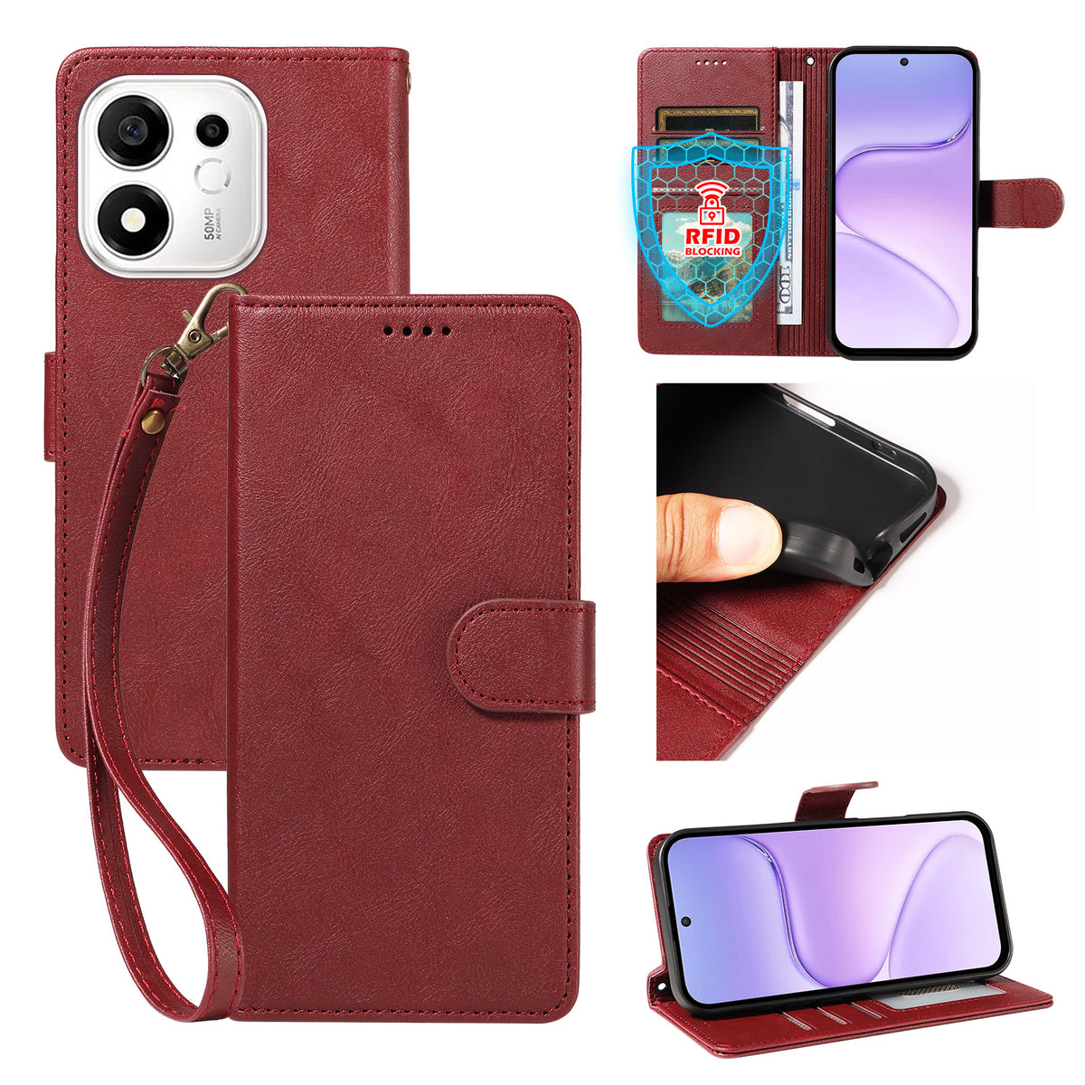 For Honor 600 Smart 5G / X7e Plus 5G Case with Wrist Strap RFID Blocking Wallet Cowhide Texture Leather Phone Cover
