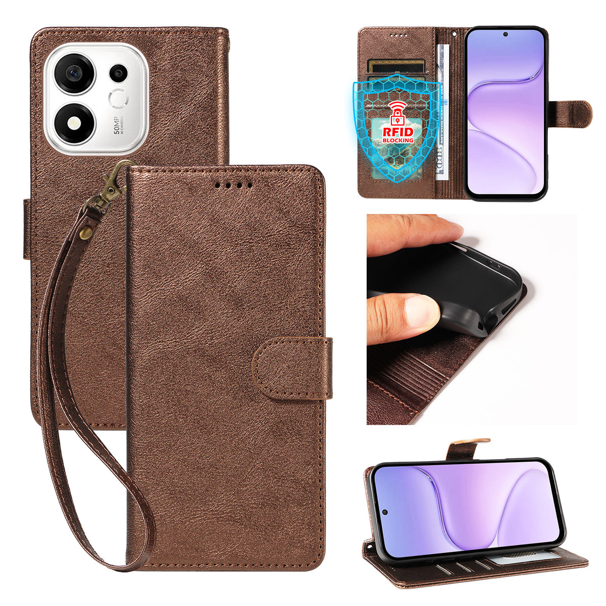 For Honor 600 Smart 5G / X7e Plus 5G Case with Wrist Strap RFID Blocking Wallet Cowhide Texture Leather Phone Cover