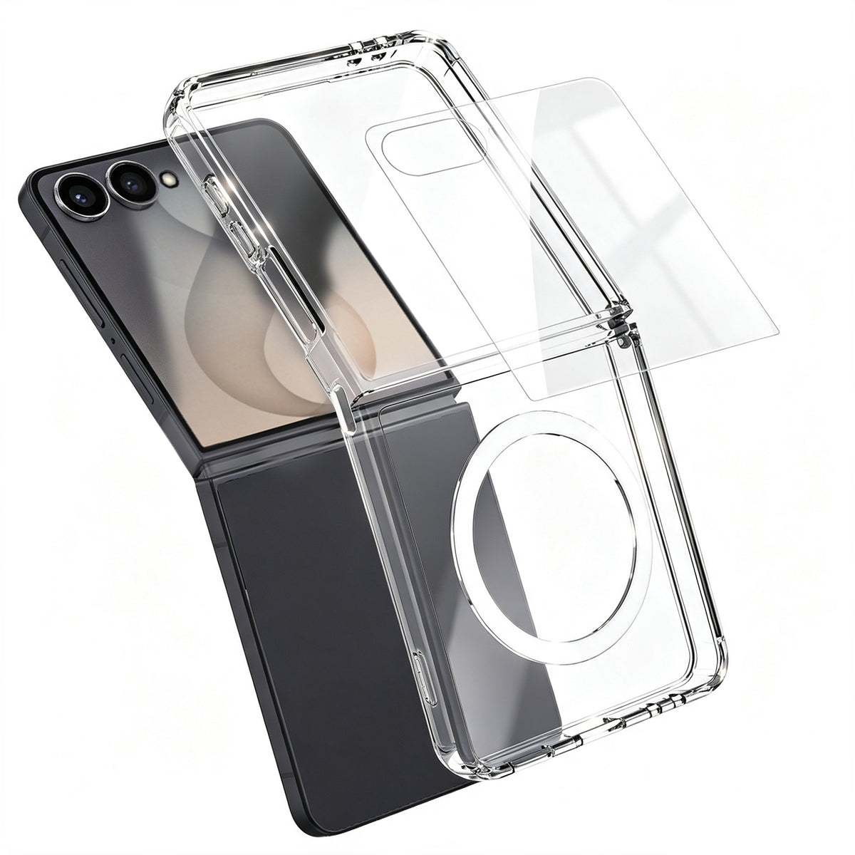 For Samsung Galaxy Z Flip8 Magnetic Case TPU+PC Transparent Phone Cover with High Aluminium-silicon Glass Screen Protector