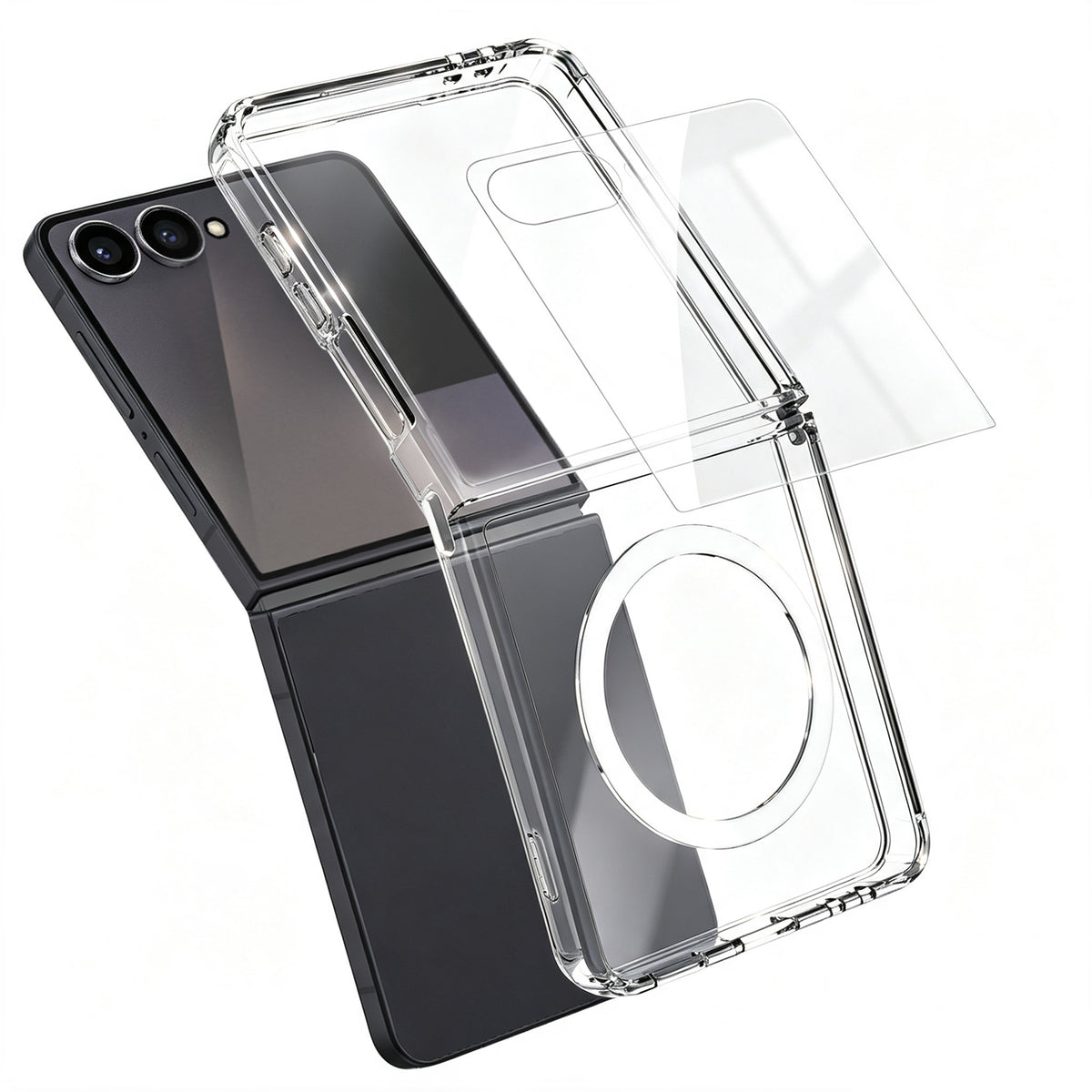 Samsung Galaxy Z Flip7 5G magnetisk TPU+PC-transparent mobilcover med skærmbeskyttelse i aluminium-silikoneglas af høj kvalitet